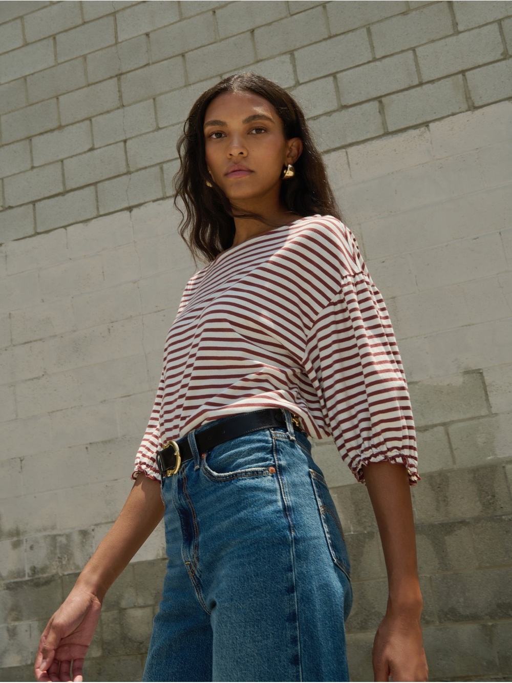 Nation LTD Sandra Boatneck Women’s Puff Sleeve Top - Sable Stripe
